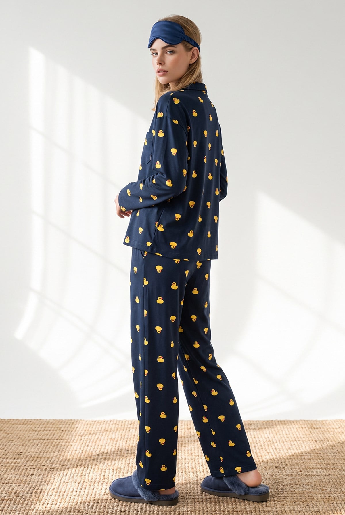 Düğmeli Uzun Kollu %100 Pamuk Pijama Takımı Ördek Lacivert