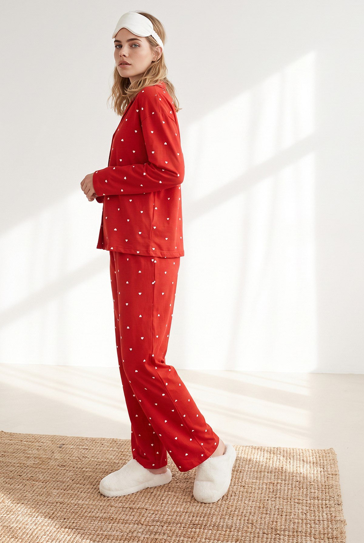 Düğmeli Uzun Kollu %100 Pamuk Pijama Takımı Kırmızı Kalp