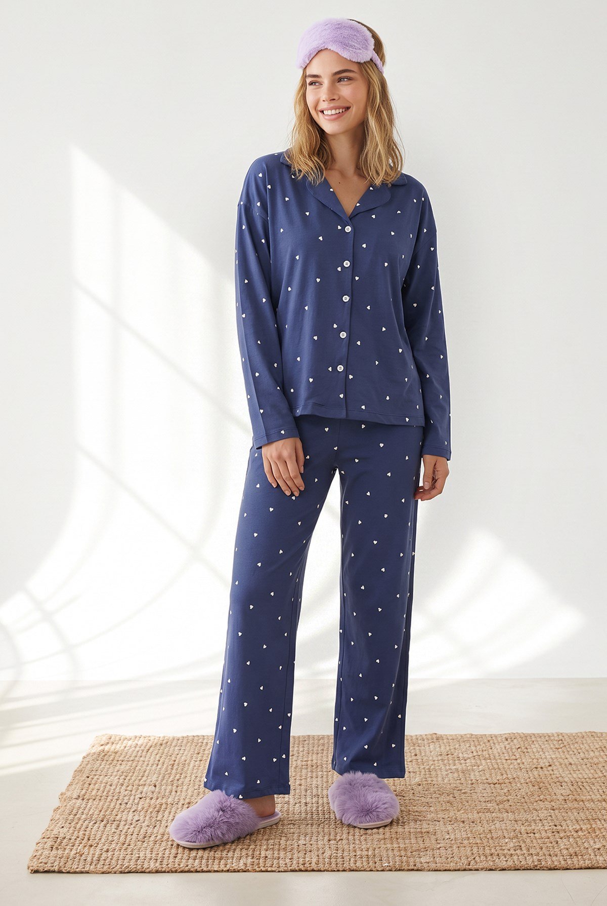 Düğmeli Uzun Kollu %100 Pamuk Pijama Takımı Lacivert Kalp
