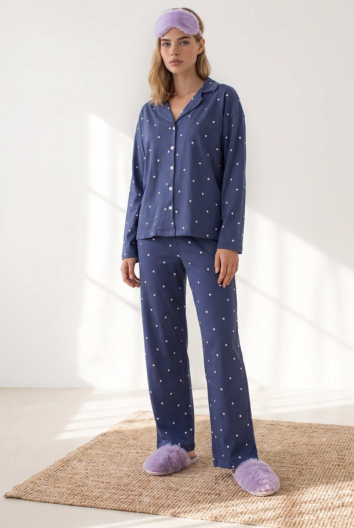 Düğmeli Uzun Kollu %100 Pamuk Pijama Takımı Lacivert Kalp
