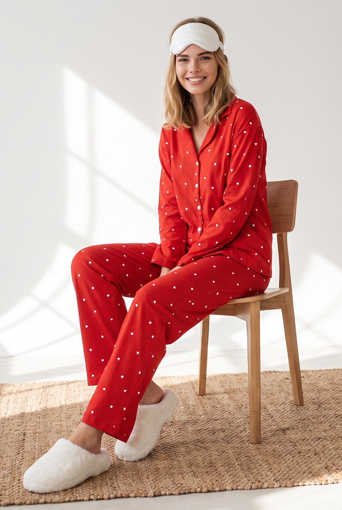 Düğmeli Uzun Kollu %100 Pamuk Pijama Takımı Kırmızı Kalp