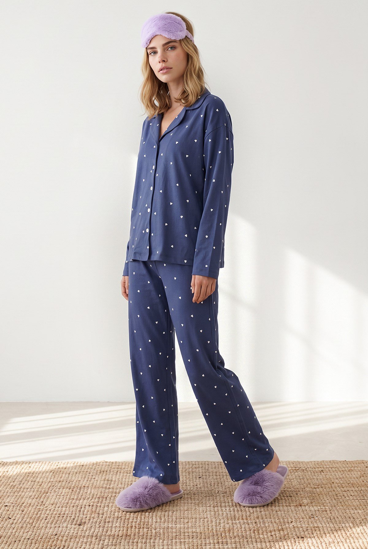 Düğmeli Uzun Kollu %100 Pamuk Pijama Takımı Lacivert Kalp