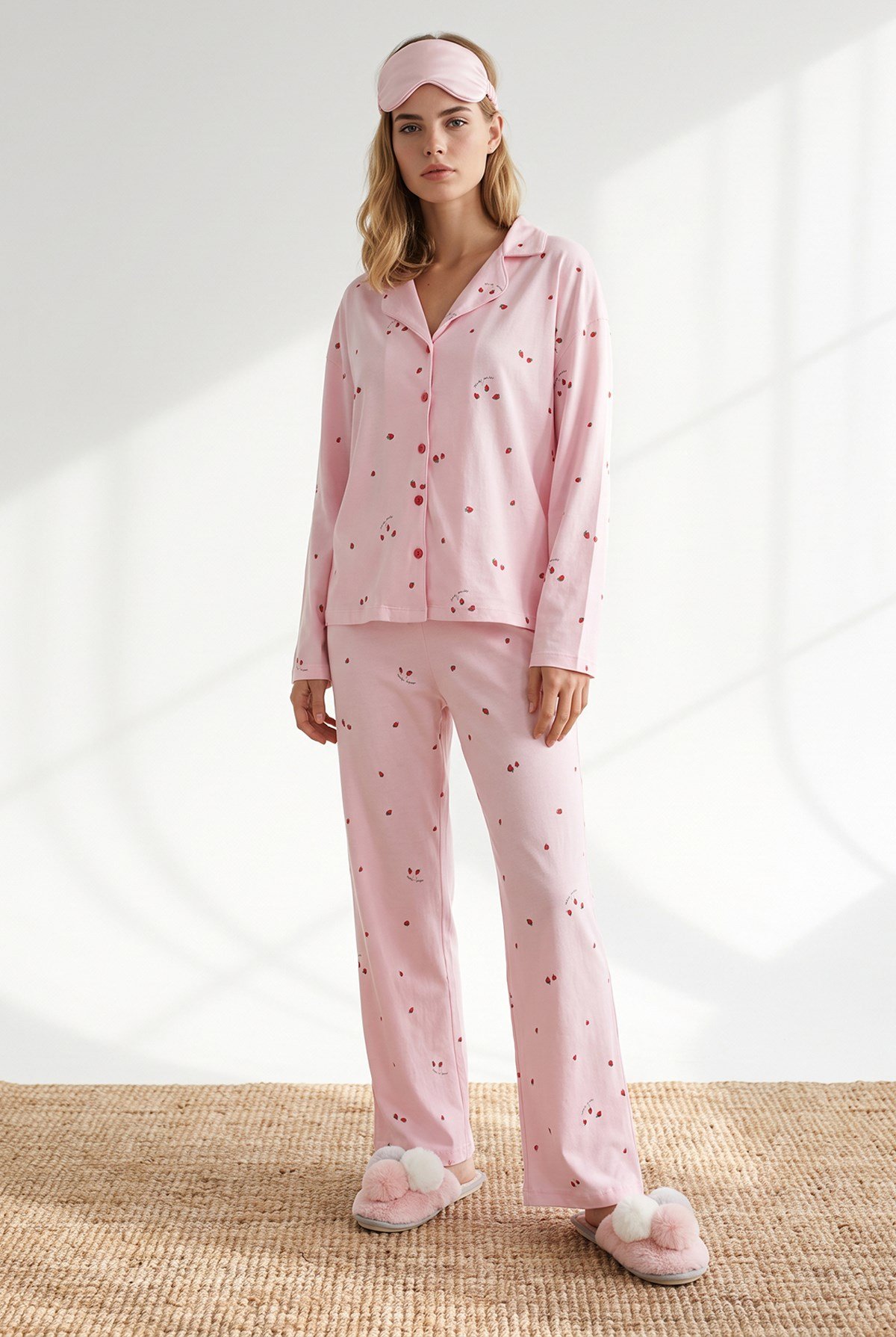 Düğmeli Uzun Kollu %100 Pamuk Pijama Takımı Çilek Pembe
