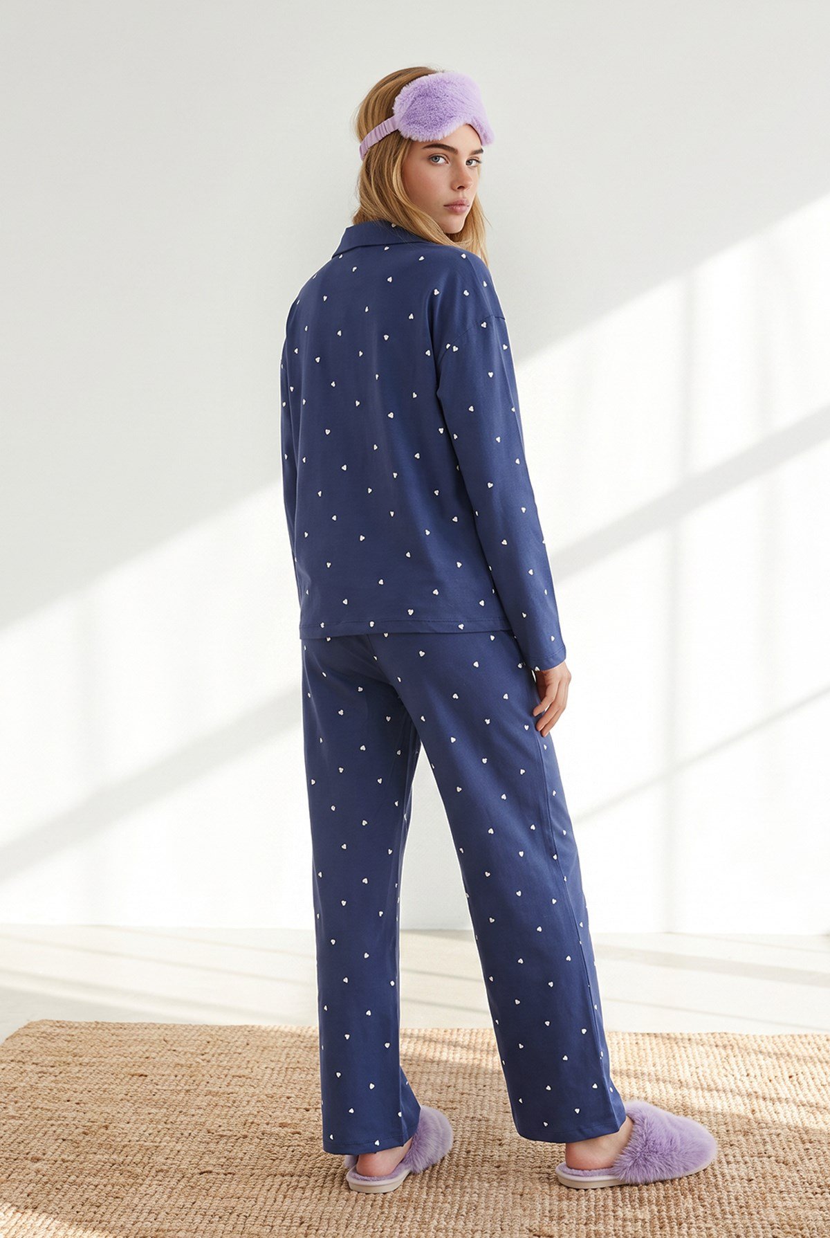 Düğmeli Uzun Kollu %100 Pamuk Pijama Takımı Lacivert Kalp