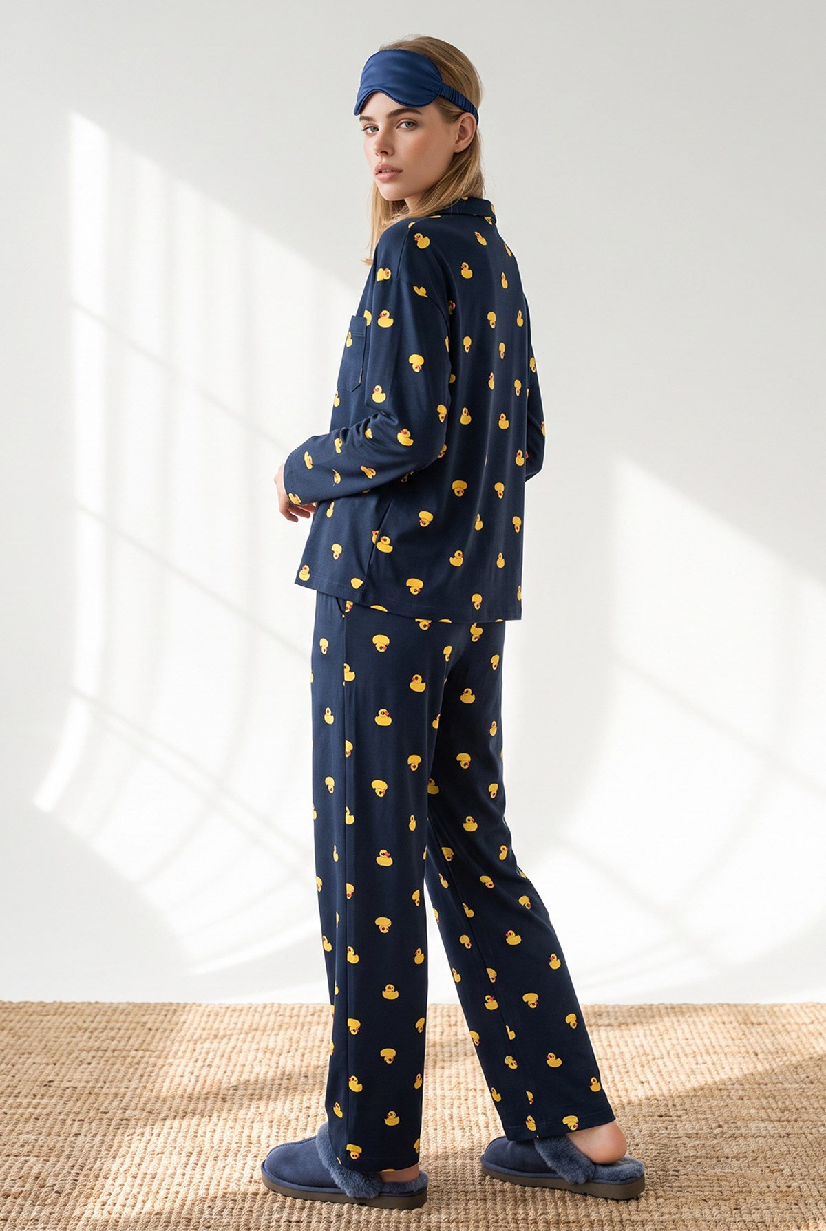 Düğmeli Uzun Kollu %100 Pamuk Pijama Takımı Ördek Lacivert