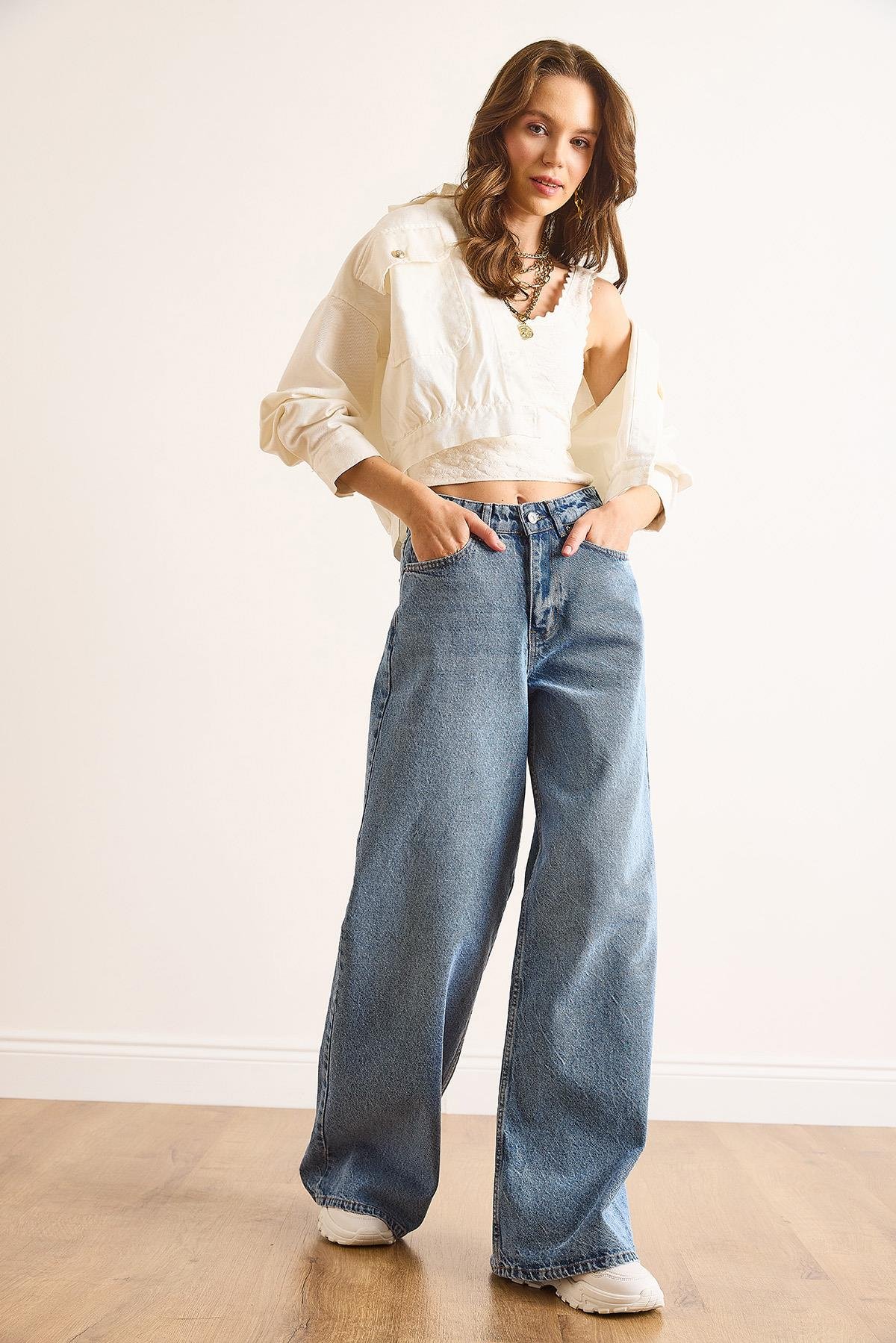 Düşük Bel Wide Leg Jean Mavi