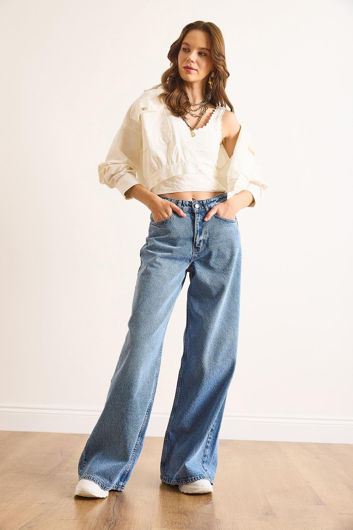 Düşük Bel Wide Leg Jean Mavi