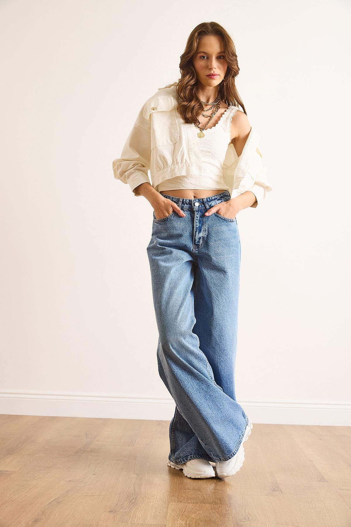 Düşük Bel Wide Leg Jean Mavi