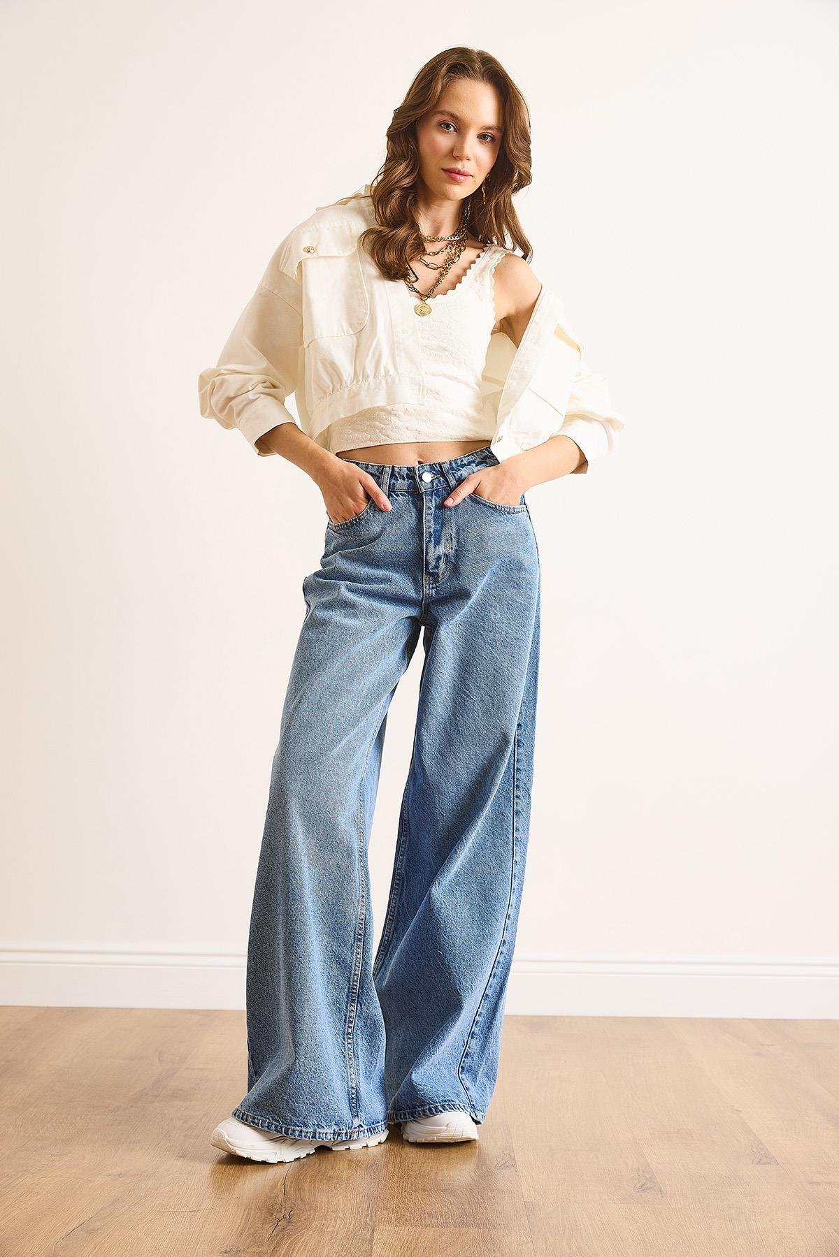Düşük Bel Wide Leg Jean Mavi