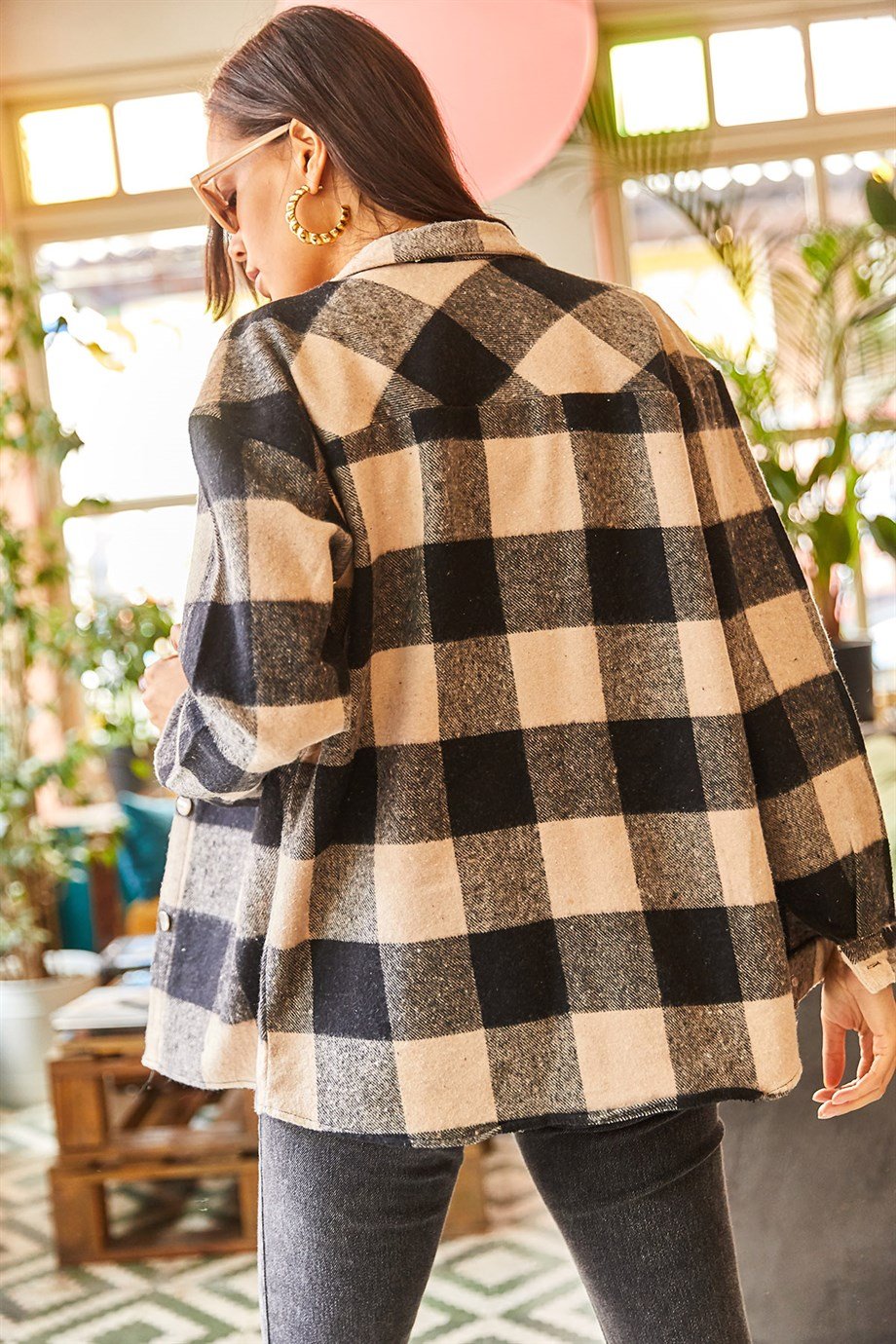 Ekose Çift Cepli Oversize Kaşe Gömlek Bej-Siyah