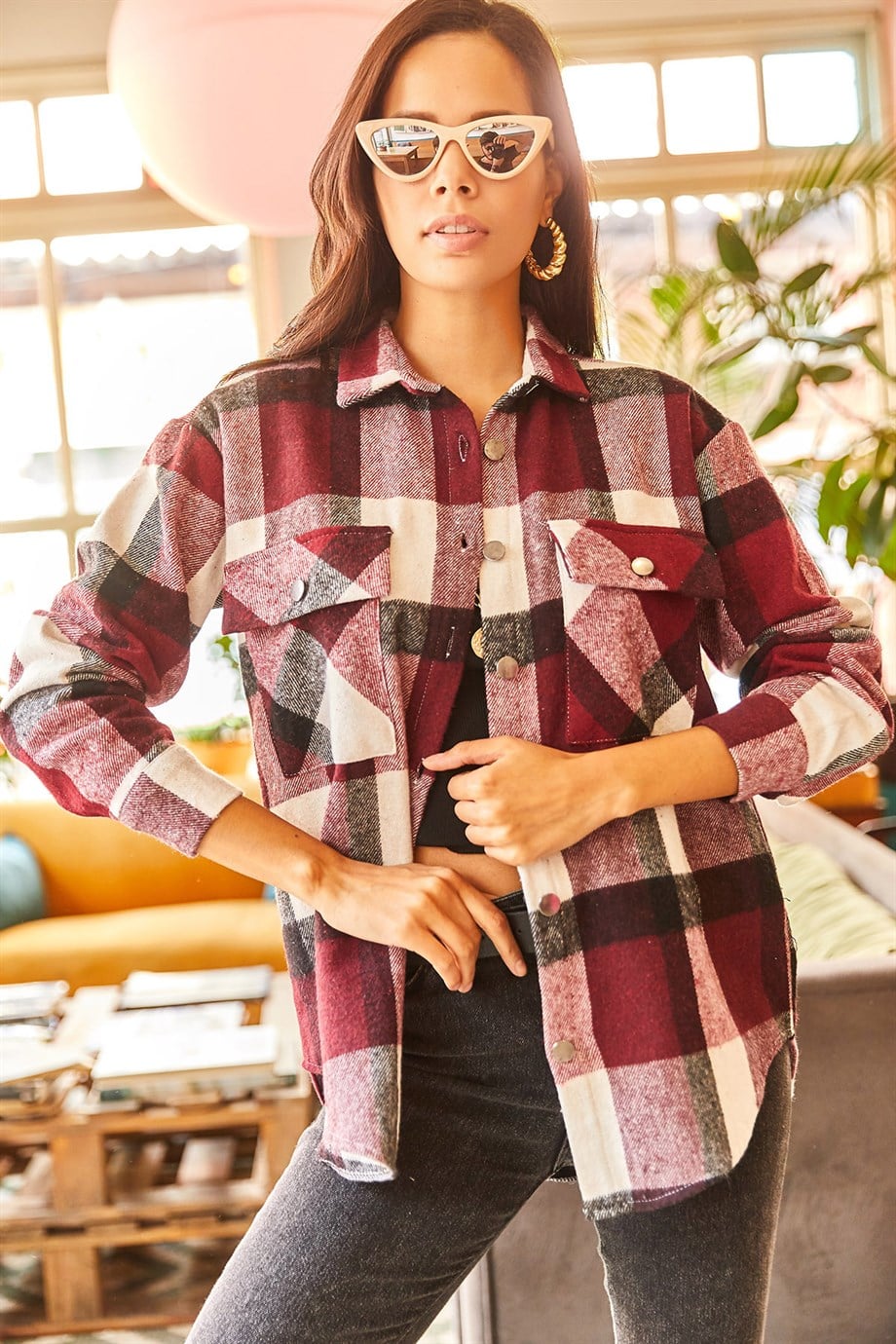 Ekose Çift Cepli Oversize Kaşe Gömlek Bordo Ekru
