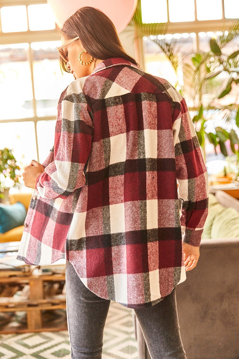 Ekose Çift Cepli Oversize Kaşe Gömlek Bordo Ekru