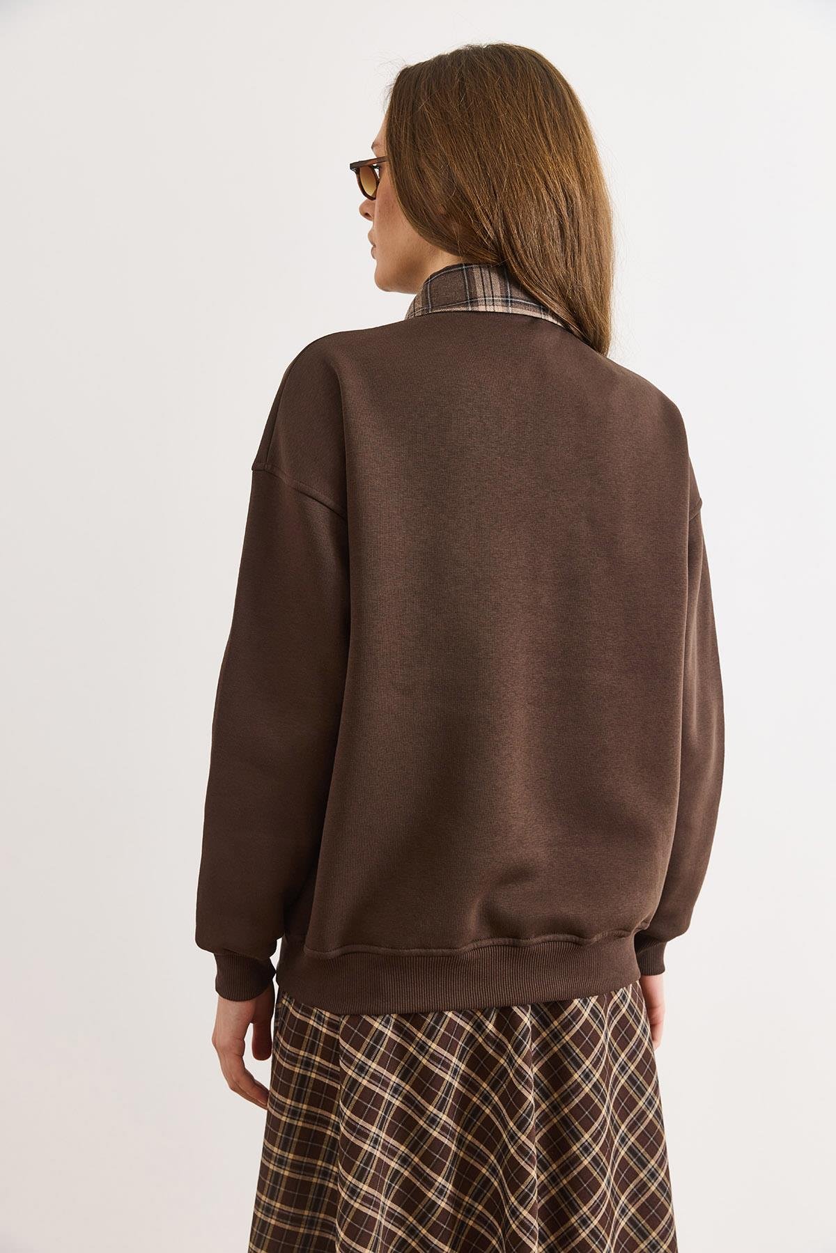 Ekose Detaylı Şardonlu Kalın Sweatshirt Kahverengi