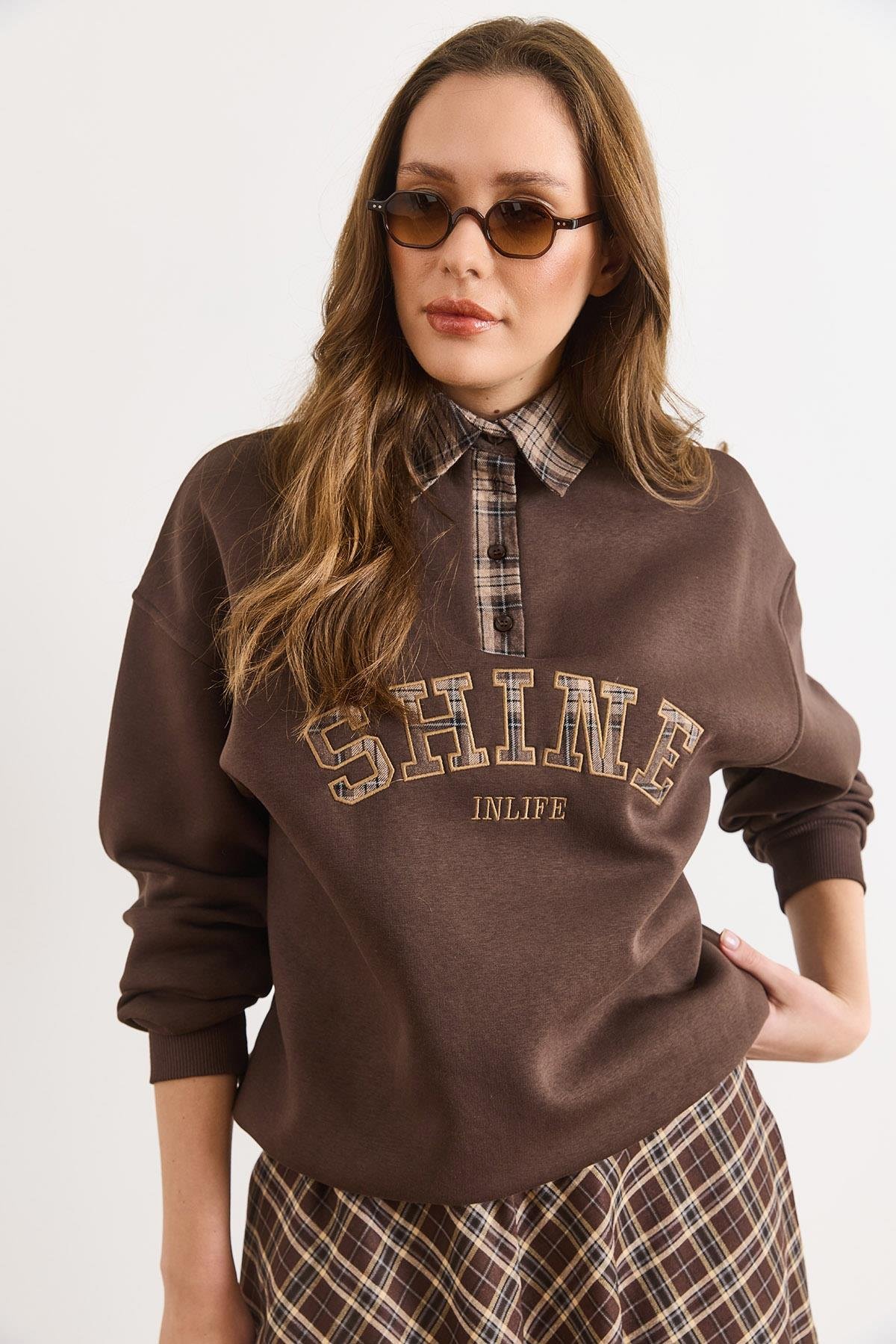 Ekose Detaylı Şardonlu Kalın Sweatshirt Kahverengi