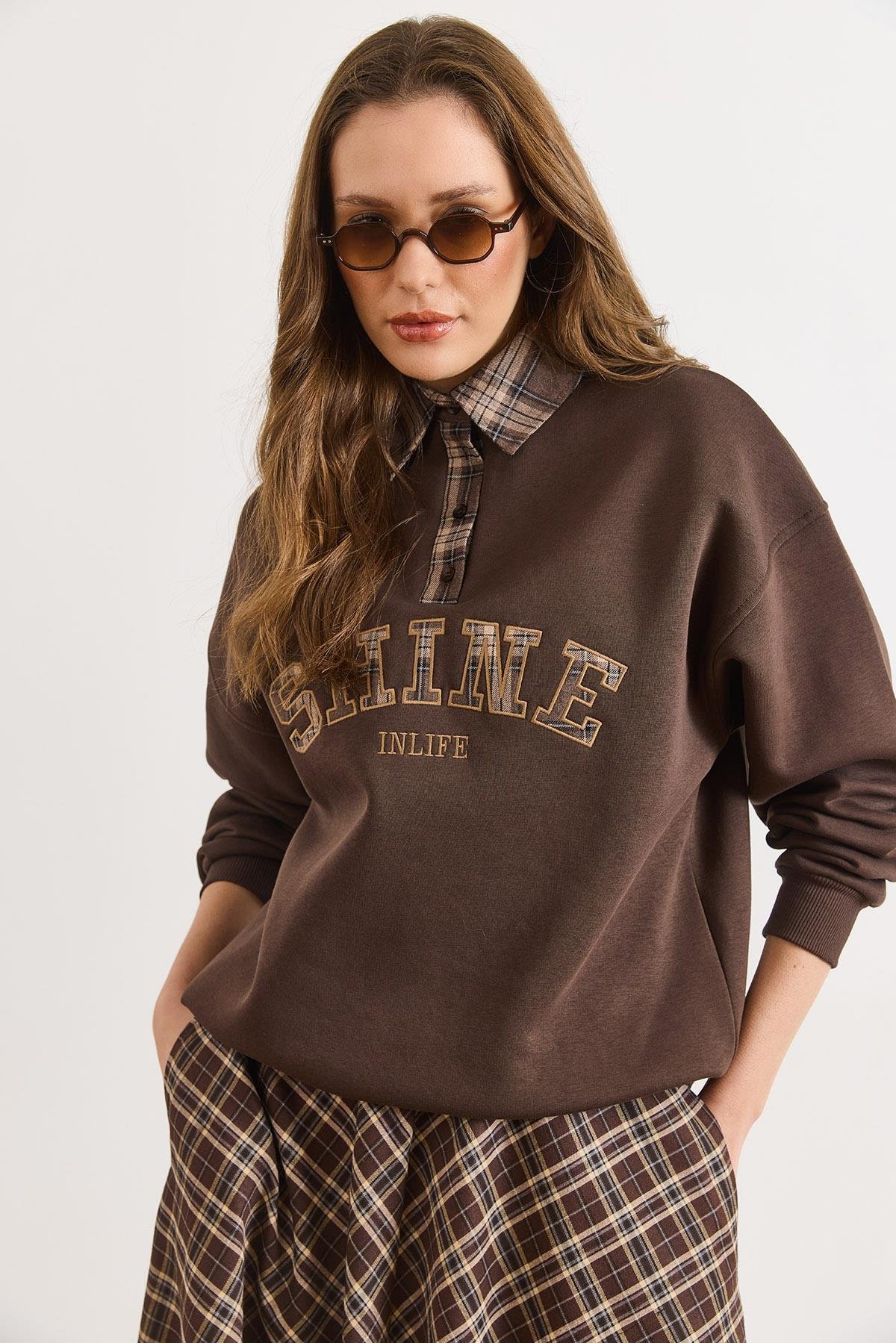 Ekose Detaylı Şardonlu Kalın Sweatshirt Kahverengi