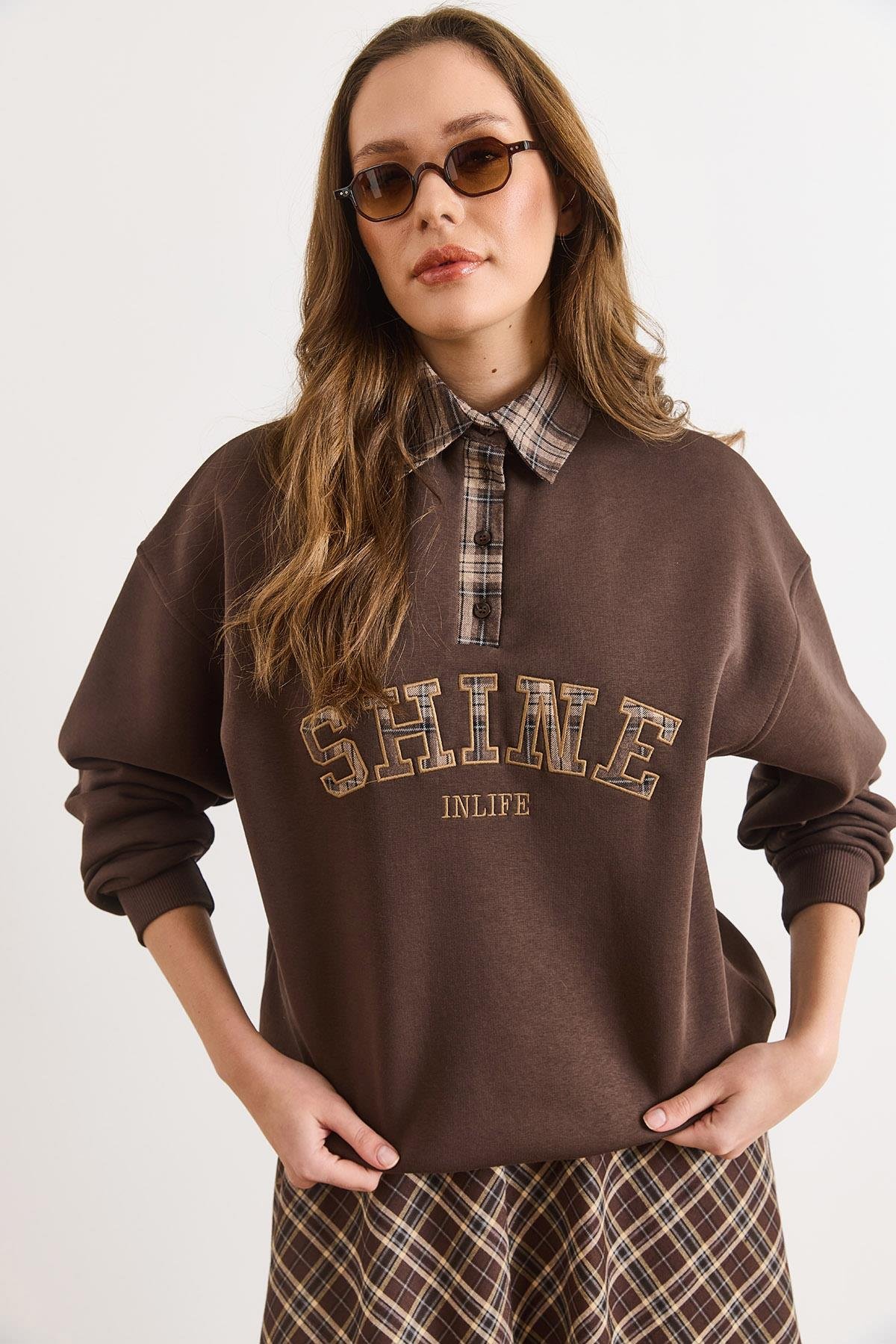 Ekose Detaylı Şardonlu Kalın Sweatshirt Kahverengi