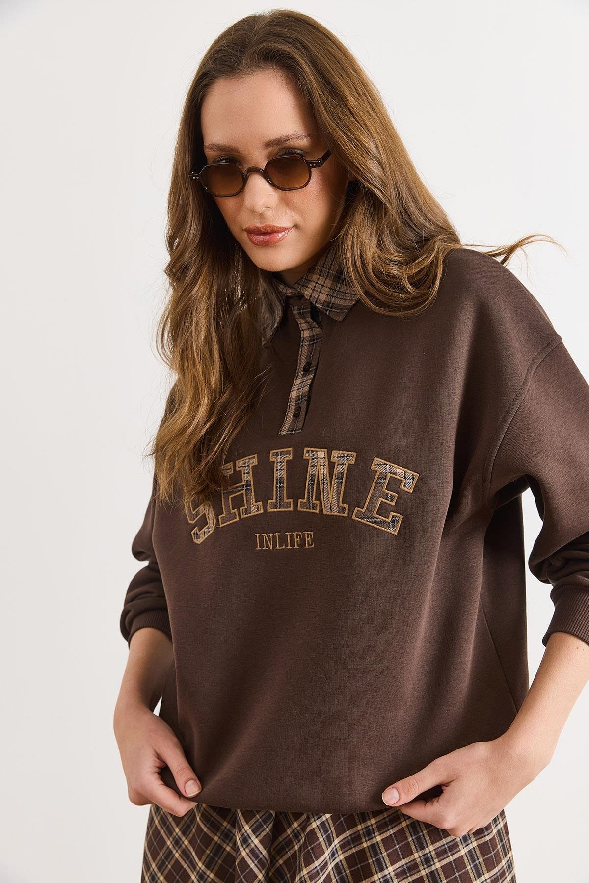 Ekose Detaylı Şardonlu Kalın Sweatshirt Kahverengi