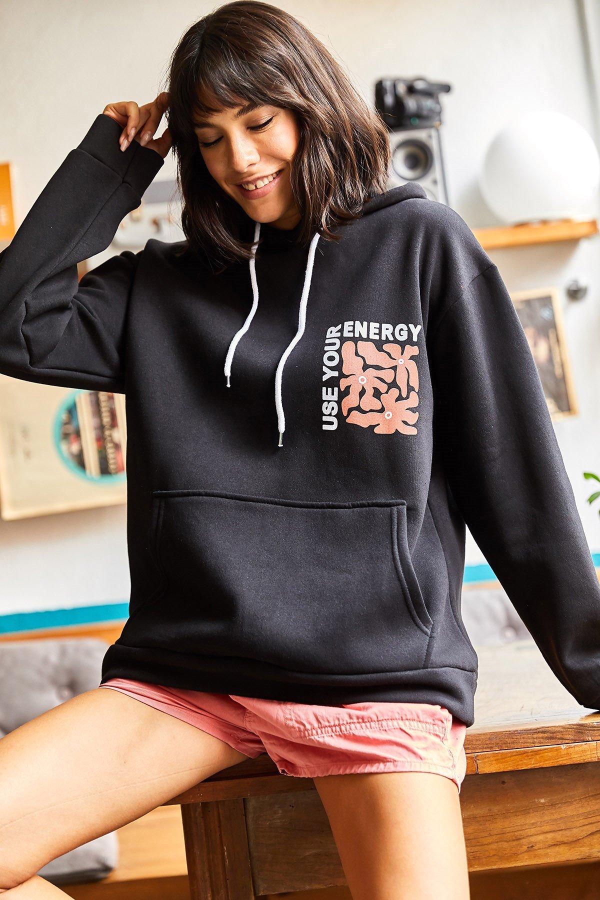 Energy Ön Arka Baskılı Kapüşonlu Şardonlu Oversize Sweatshirt Siyah