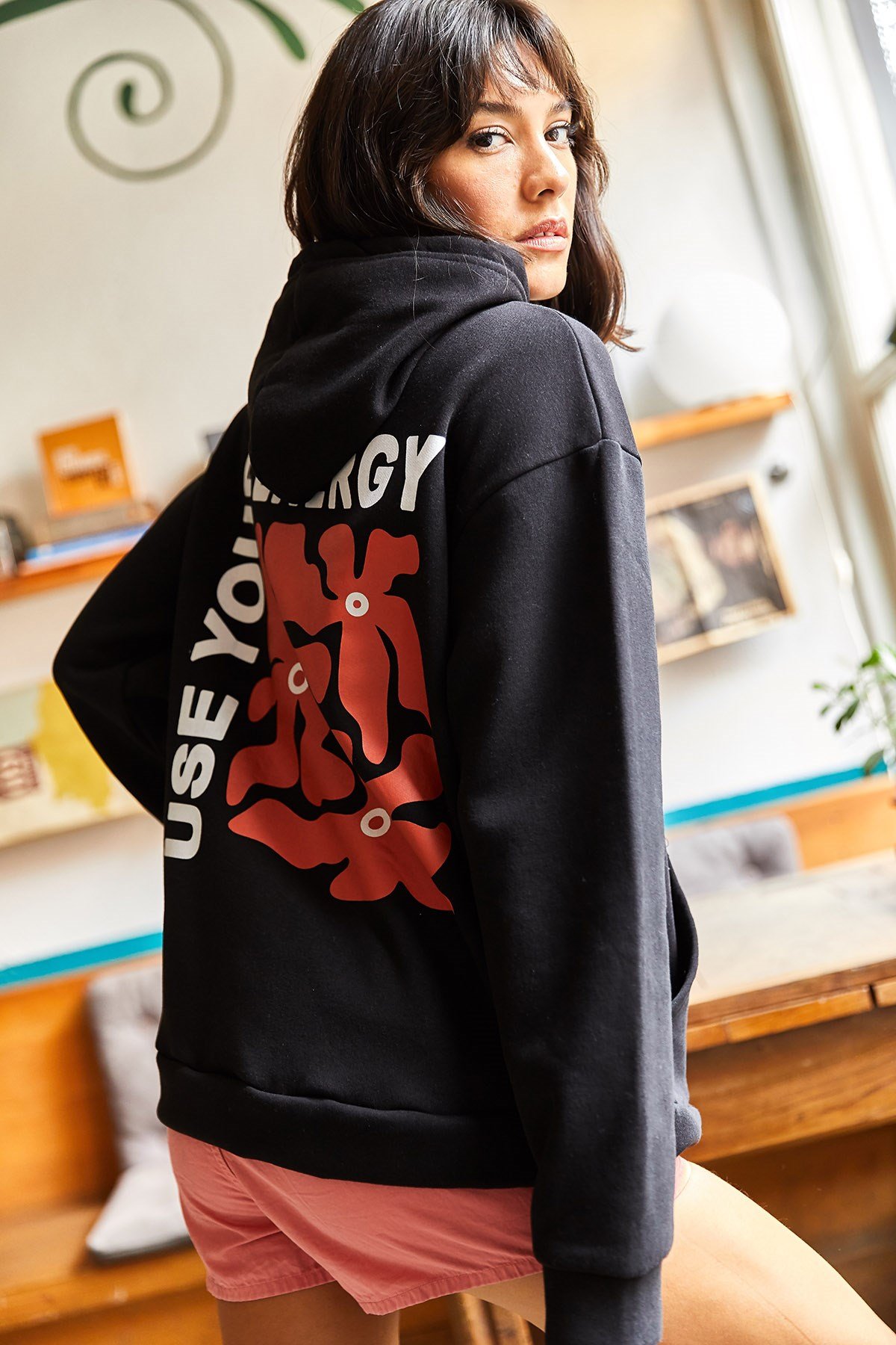 Energy Ön Arka Baskılı Kapüşonlu Şardonlu Oversize Sweatshirt Siyah