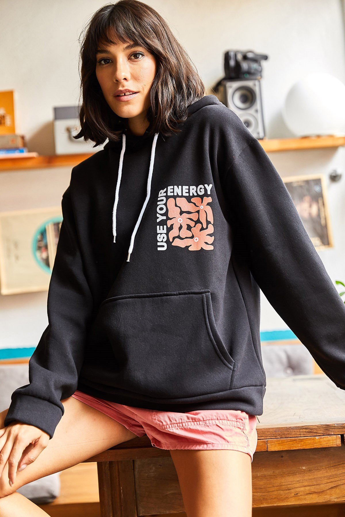 Energy Ön Arka Baskılı Kapüşonlu Şardonlu Oversize Sweatshirt Siyah