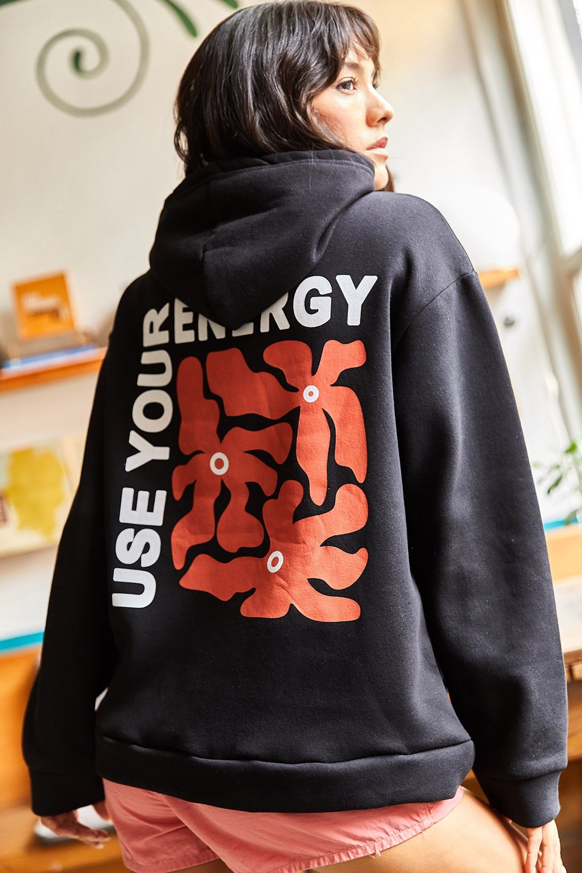 Energy Ön Arka Baskılı Kapüşonlu Şardonlu Oversize Sweatshirt Siyah