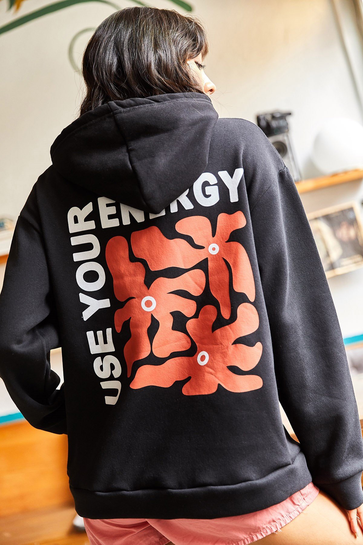 Energy Ön Arka Baskılı Kapüşonlu Şardonlu Oversize Sweatshirt Siyah