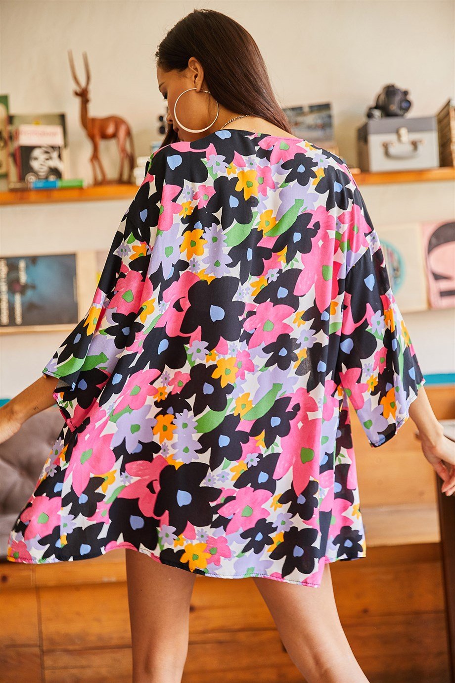 Eteği Sulu Kimono Fuşya Çiçek