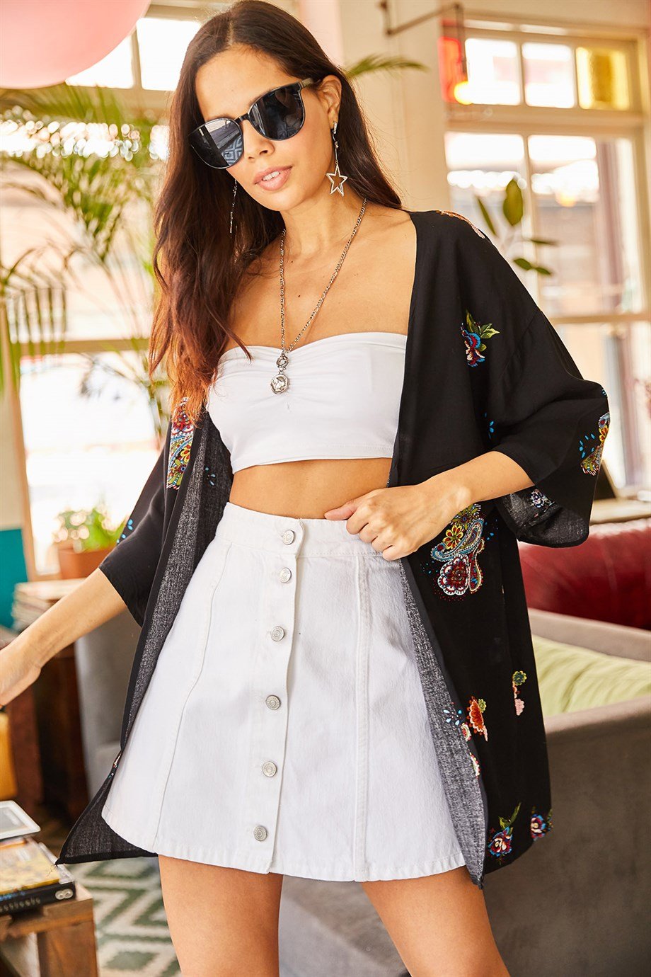 Eteği Sulu Kimono Siyah Minik Şal