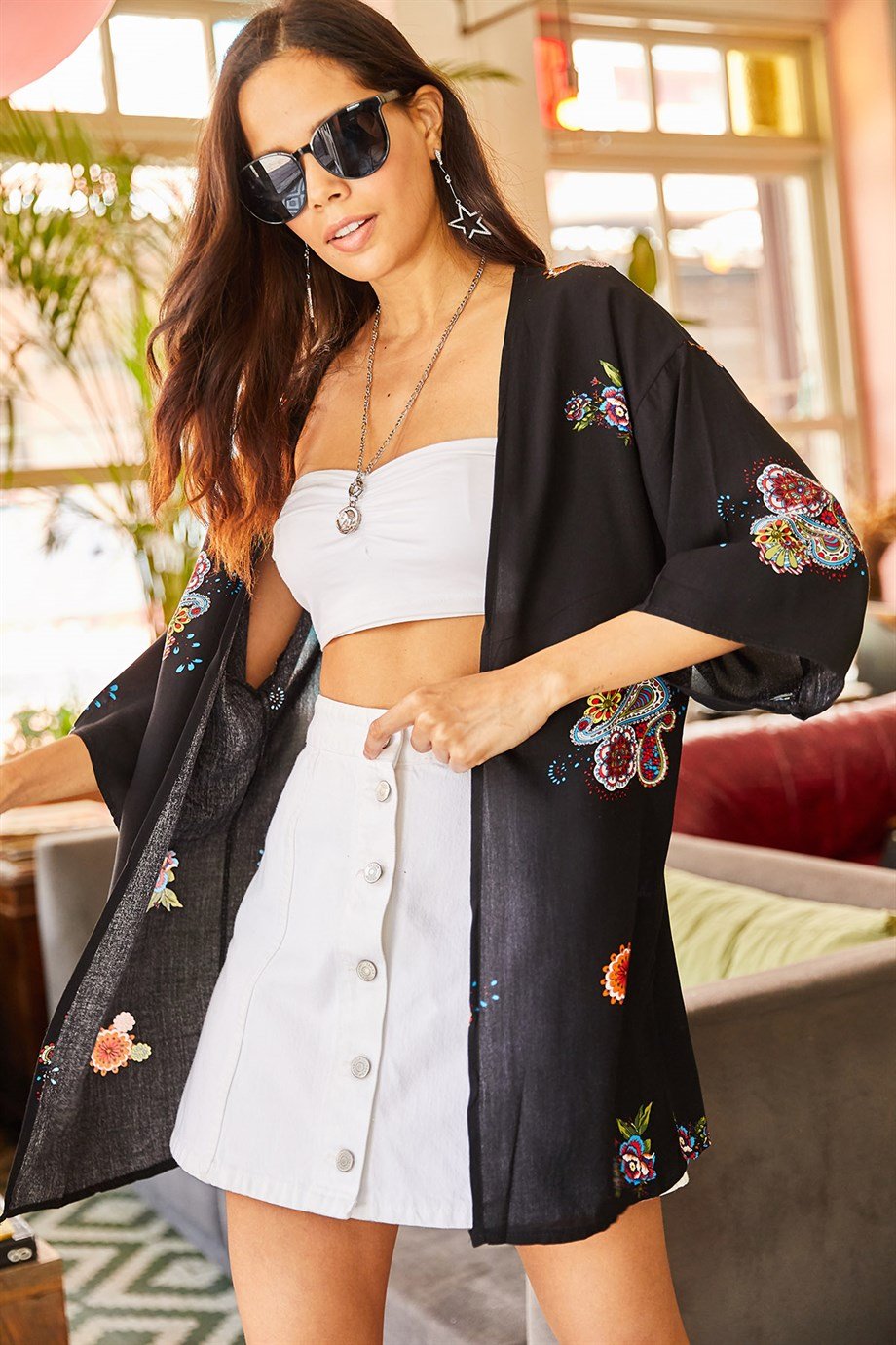 Eteği Sulu Kimono Siyah Minik Şal