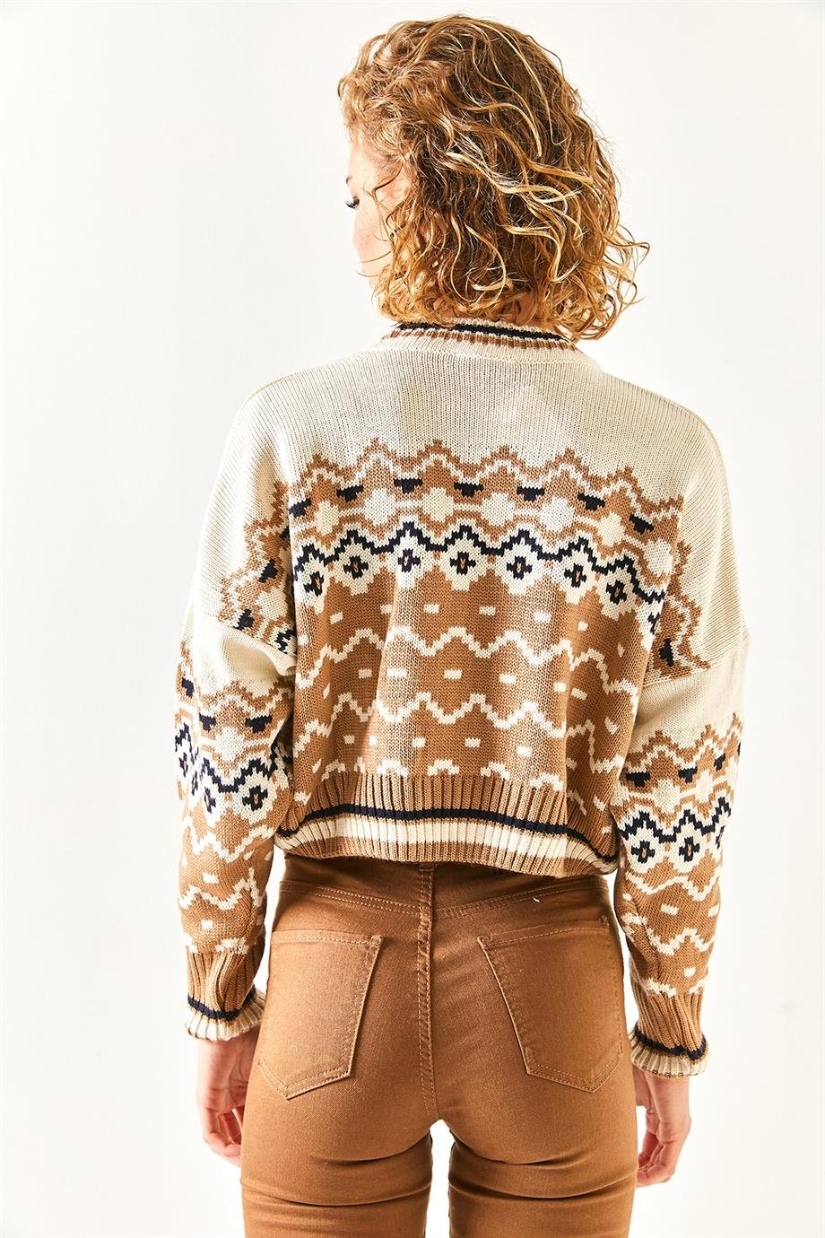 Etnik Desenli Crop Triko Kazak Ekru Camel