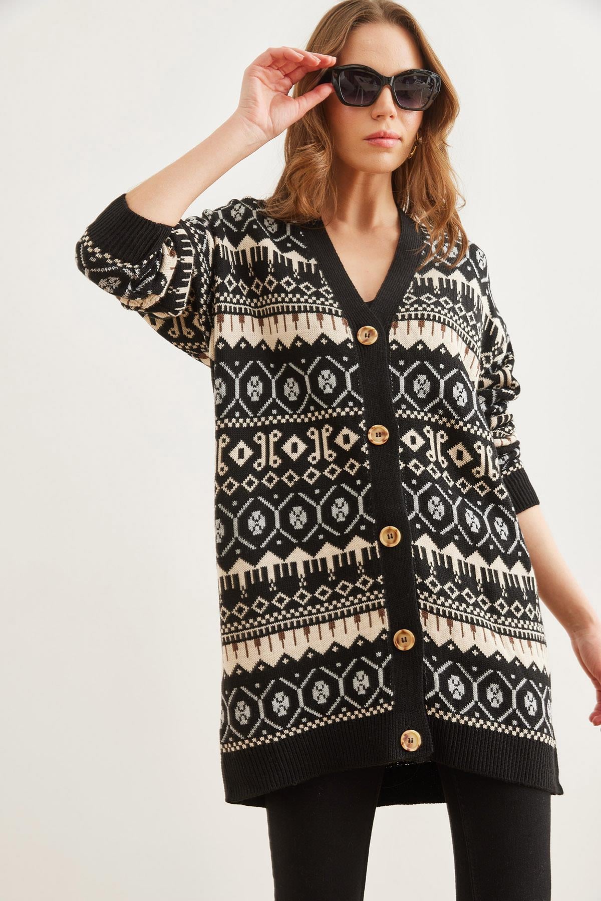 Etnik Desenli Oversize Triko Hırka Siyah