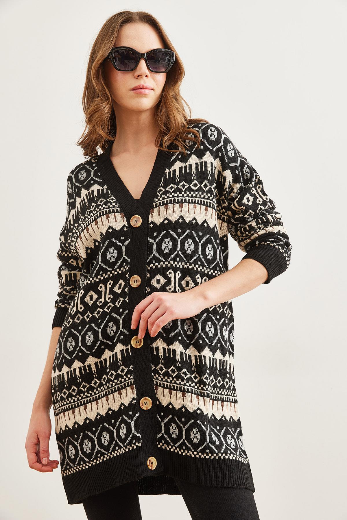 Etnik Desenli Oversize Triko Hırka Siyah