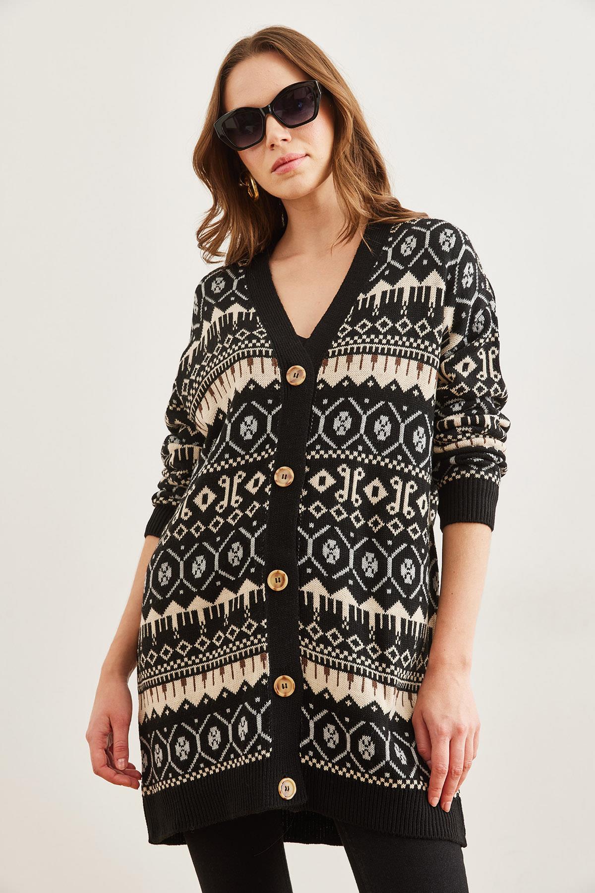 Etnik Desenli Oversize Triko Hırka Siyah