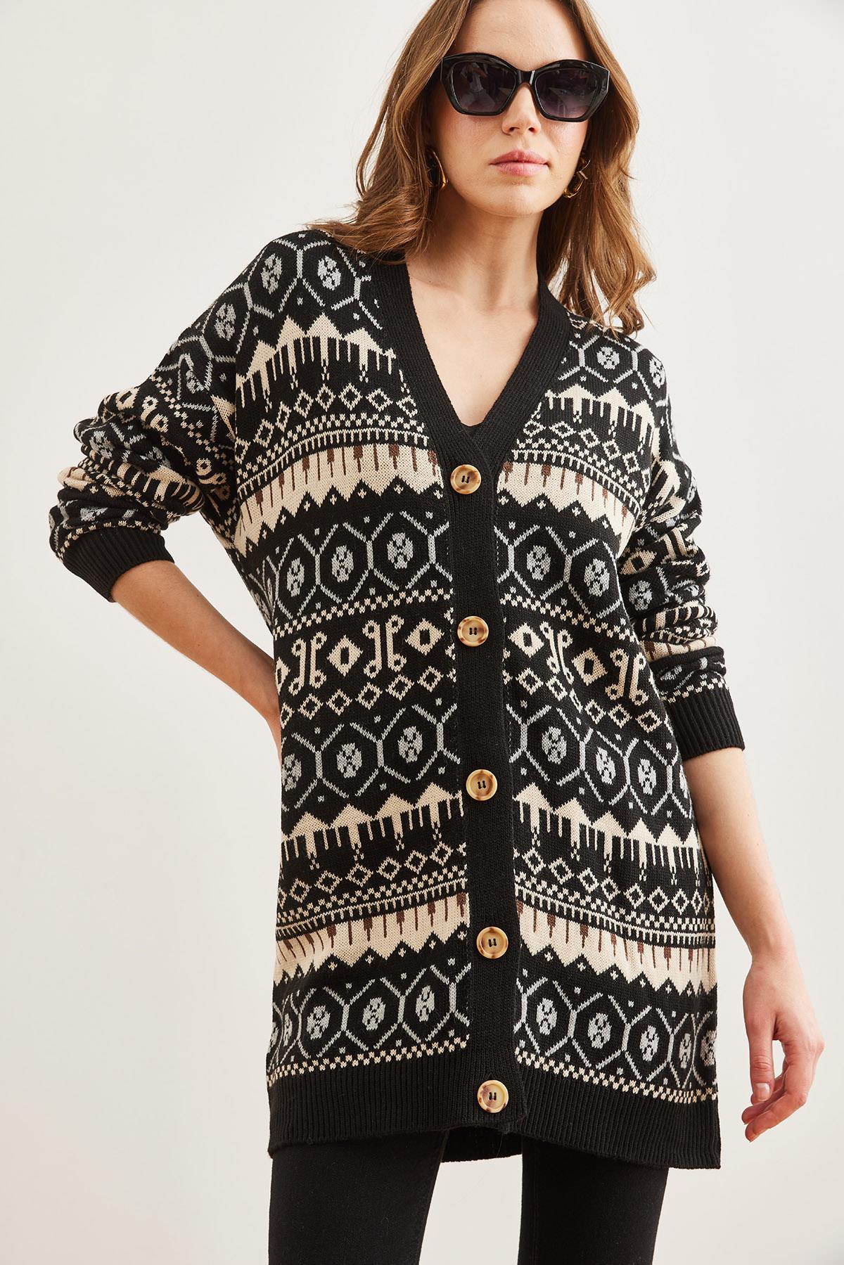 Etnik Desenli Oversize Triko Hırka Siyah