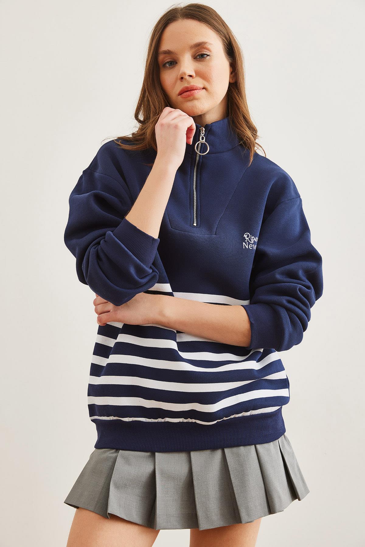 Fermuarlı Çizgili Şardonlu Sweatshirt Lacivert