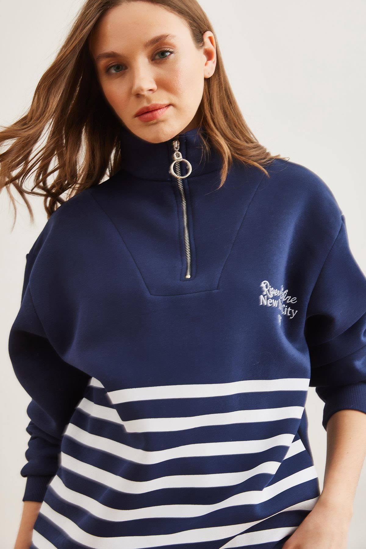 Fermuarlı Çizgili Şardonlu Sweatshirt Lacivert