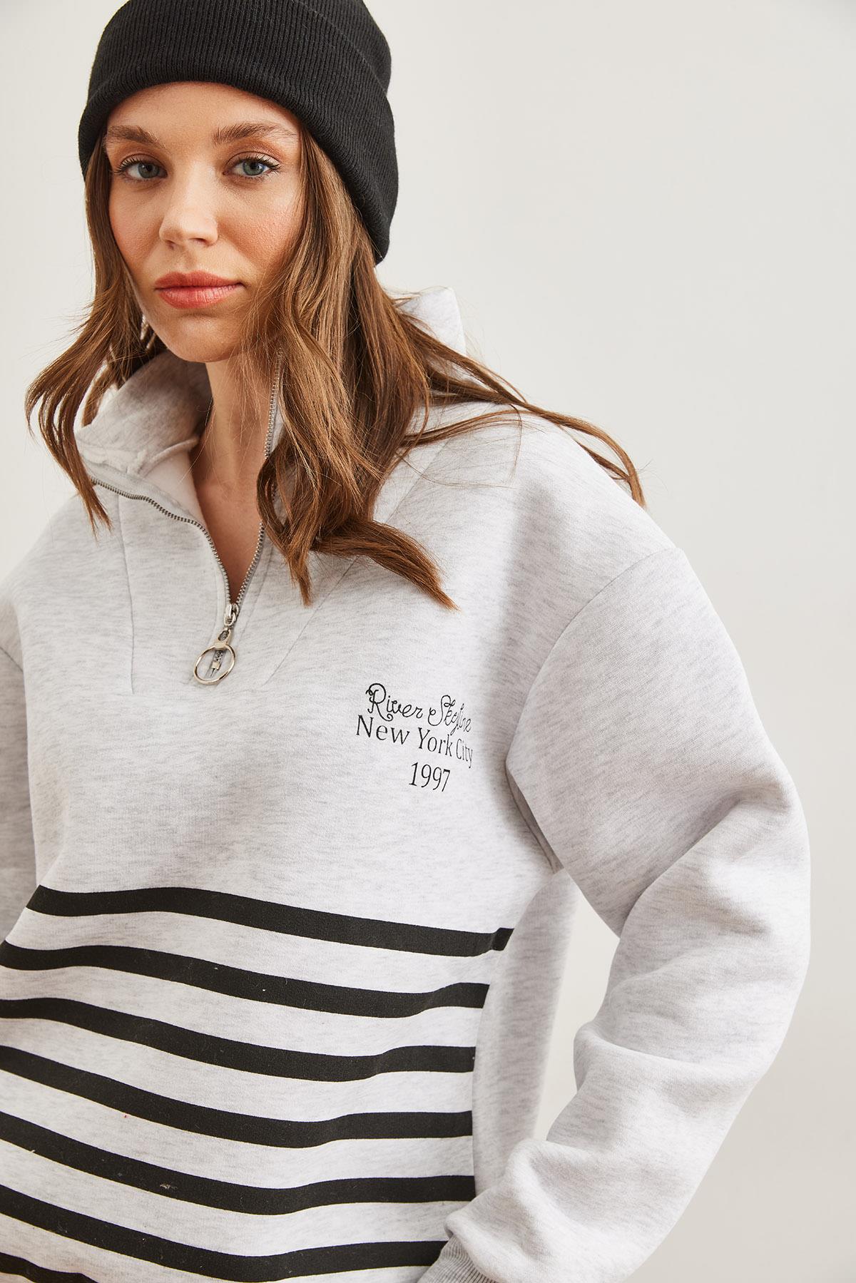 Fermuarlı Çizgili Şardonlu Sweatshirt Gri