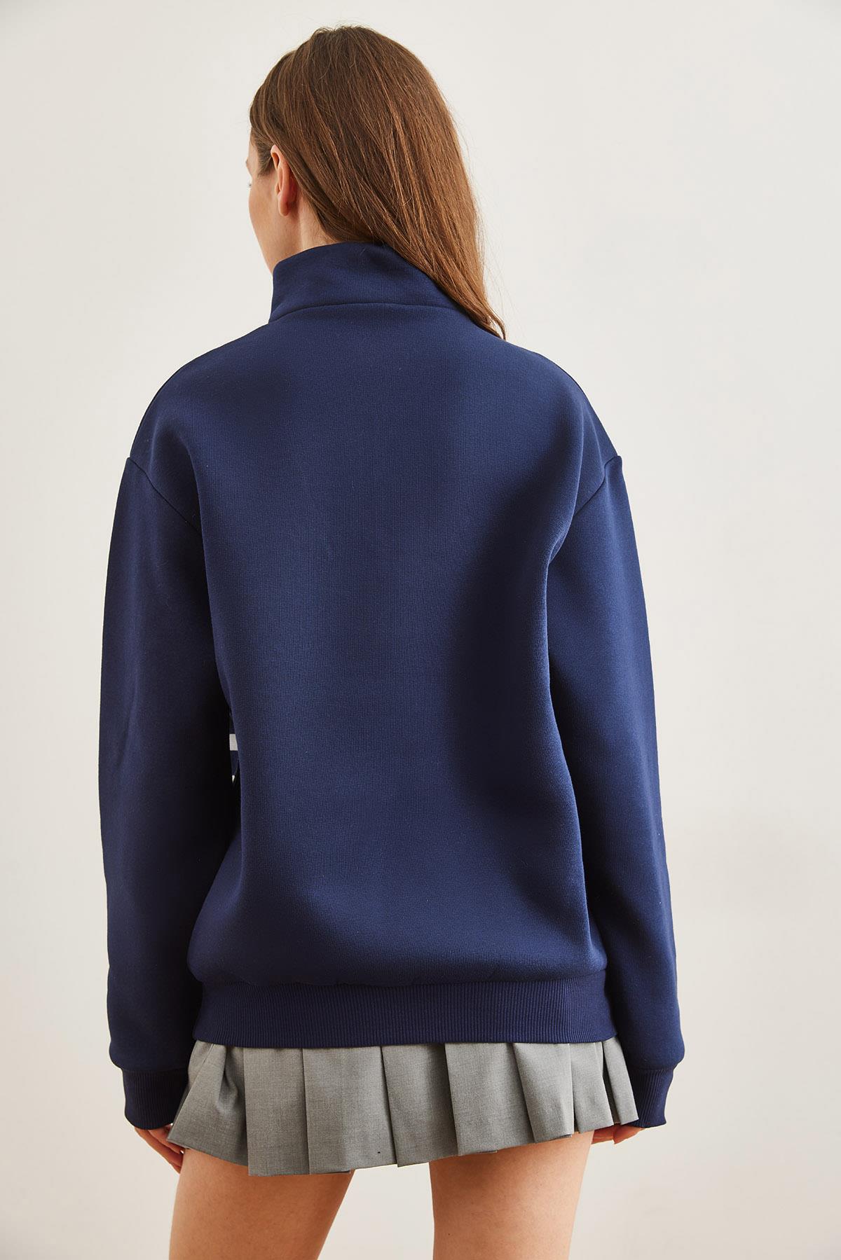 Fermuarlı Çizgili Şardonlu Sweatshirt Lacivert