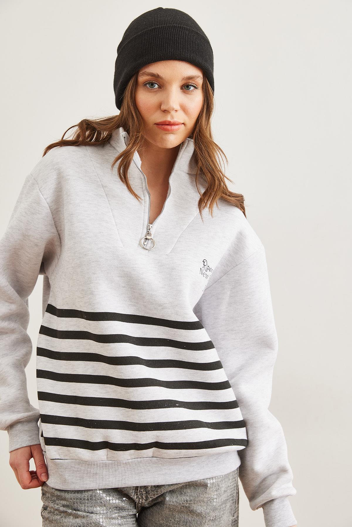 Fermuarlı Çizgili Şardonlu Sweatshirt Gri