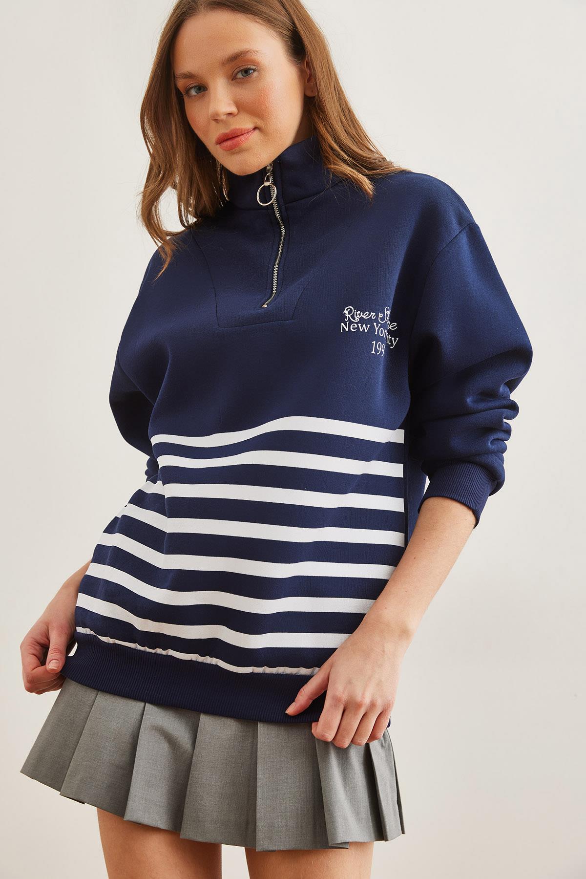 Fermuarlı Çizgili Şardonlu Sweatshirt Lacivert