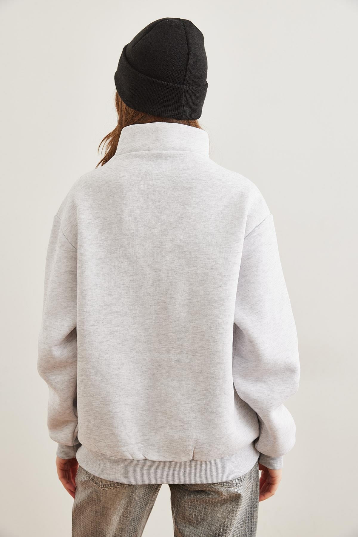 Fermuarlı Çizgili Şardonlu Sweatshirt Gri