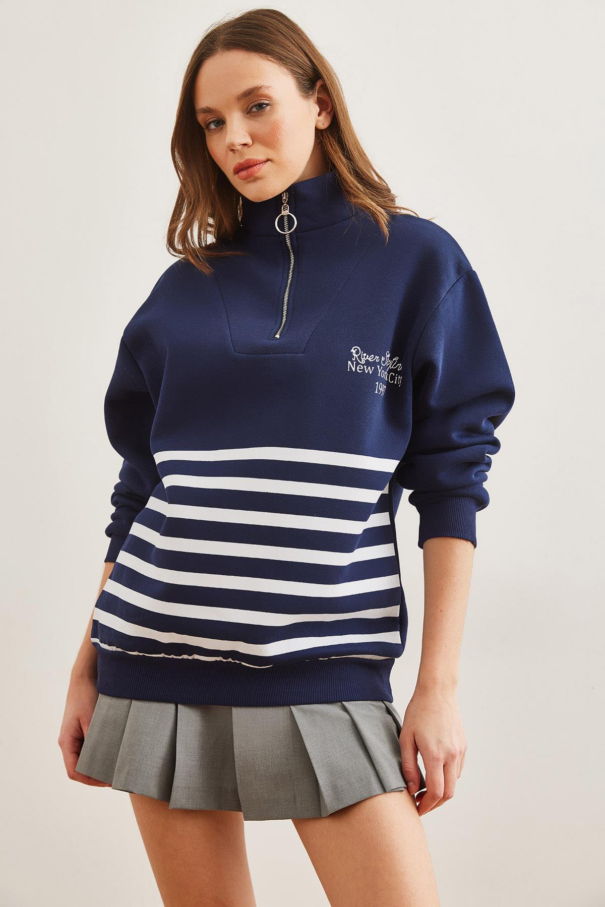 Fermuarlı Çizgili Şardonlu Sweatshirt Lacivert