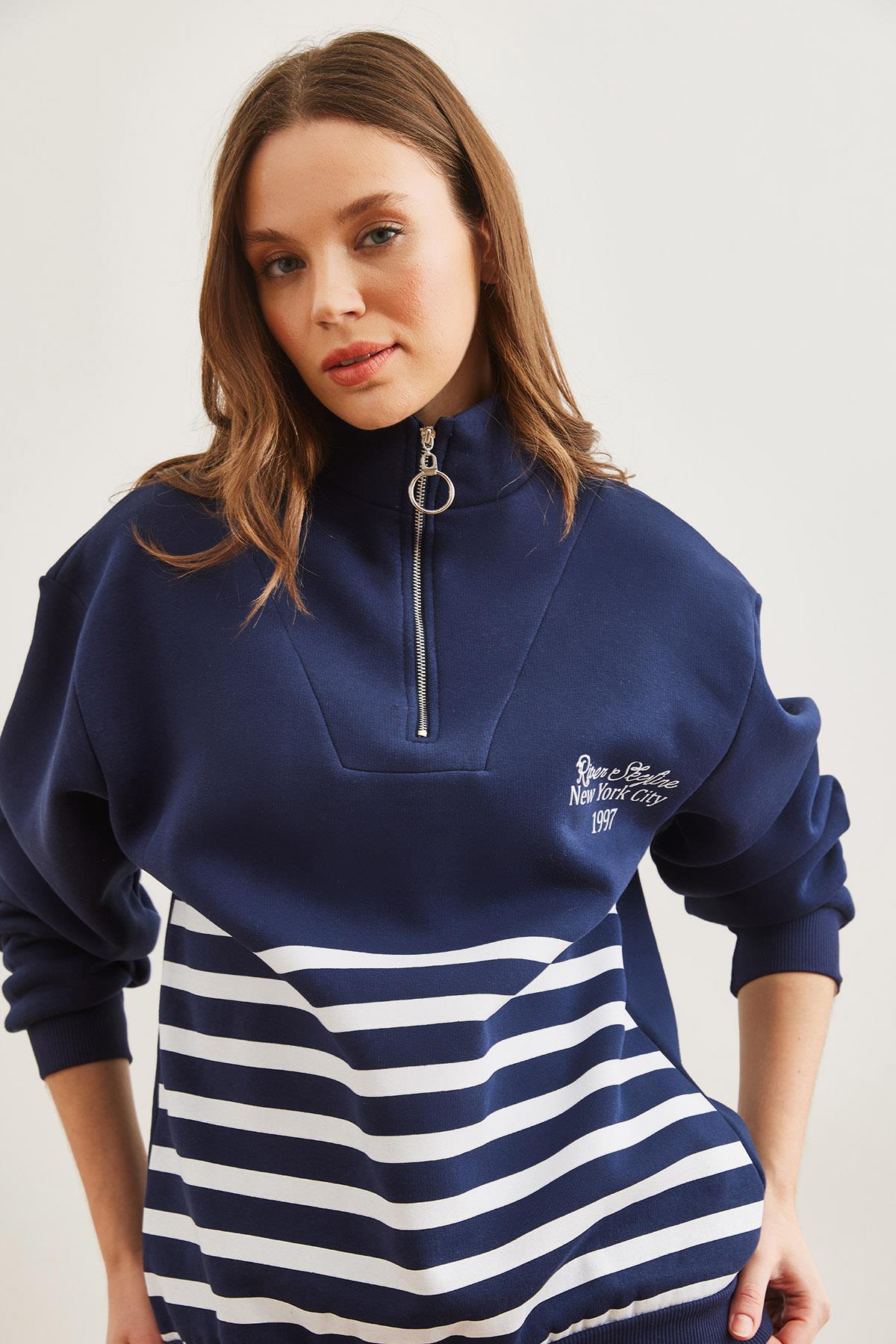 Fermuarlı Çizgili Şardonlu Sweatshirt Lacivert