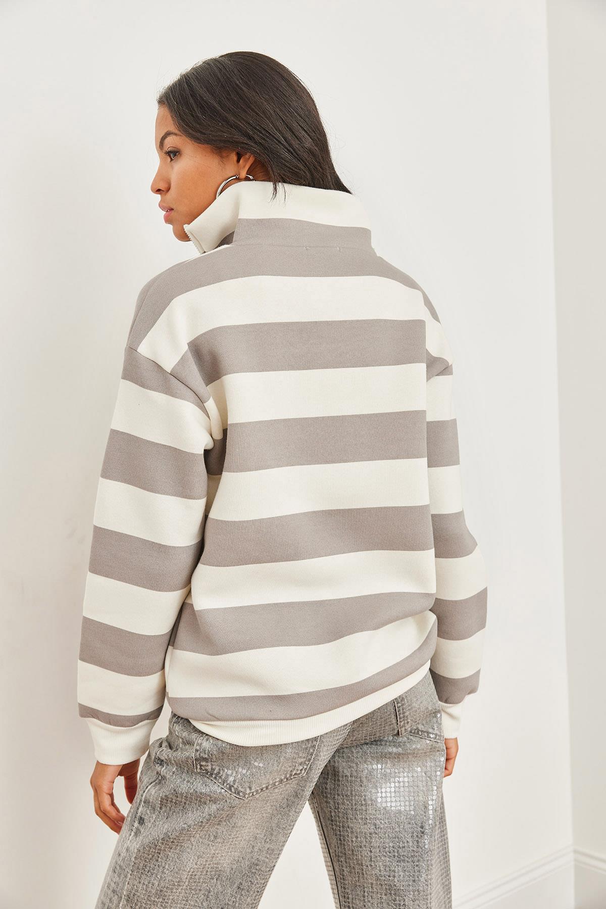 Fermuarlı Dik Yaka Şardonlu Kalın Sweatshirt Çizgili Gri
