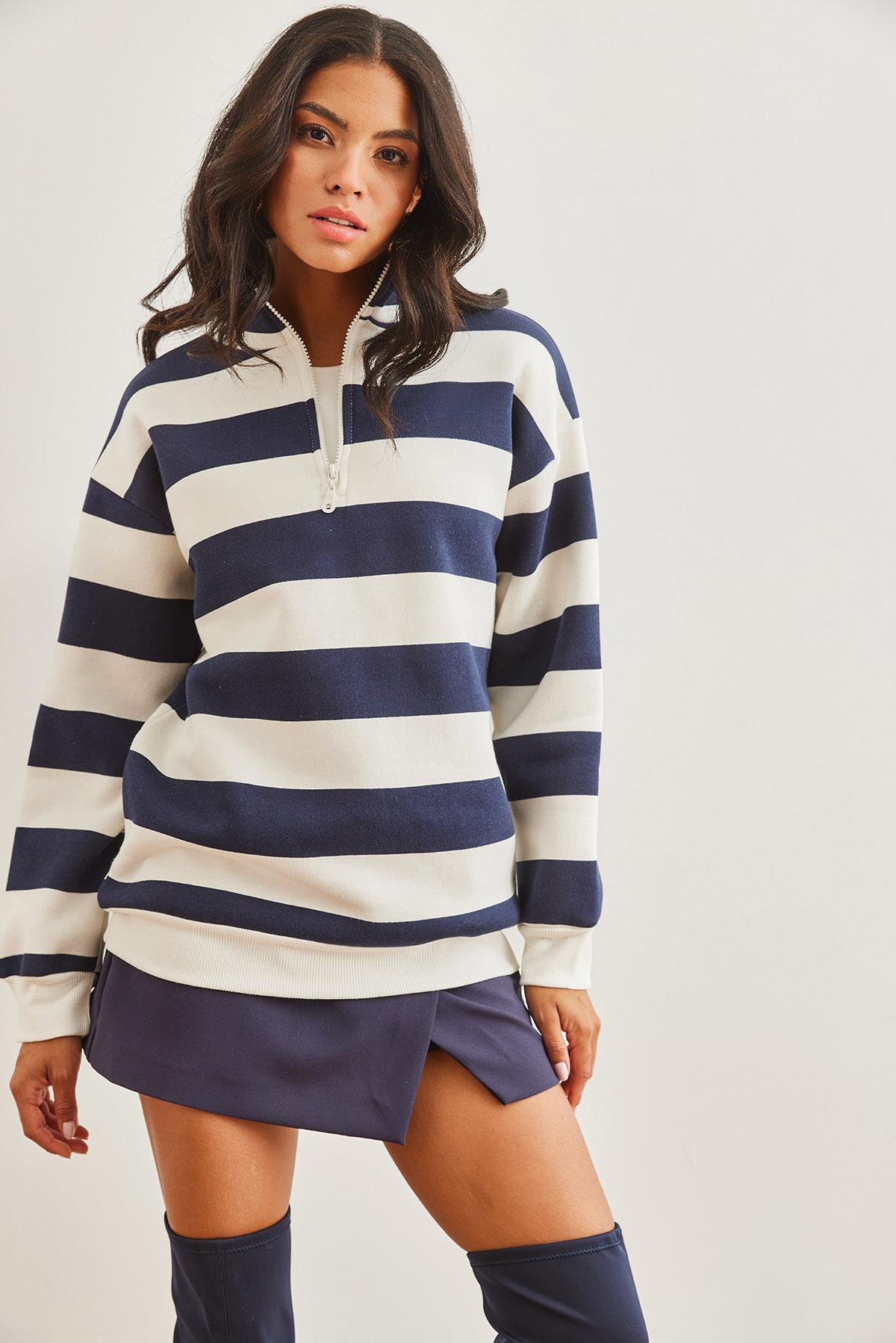 Fermuarlı Dik Yaka Şardonlu Kalın Sweatshirt Çizgili Lacivert