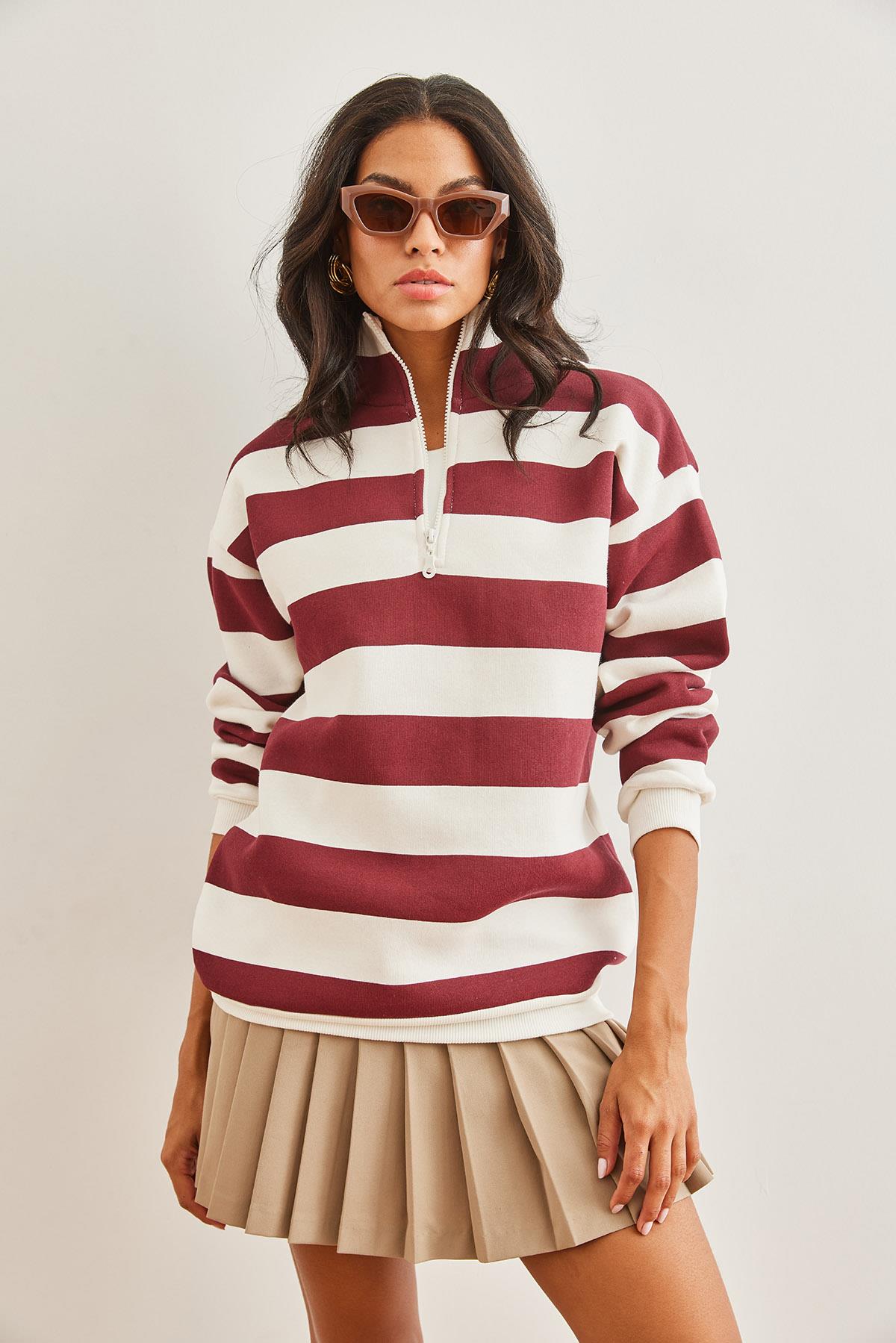 Fermuarlı Dik Yaka Şardonlu Kalın Sweatshirt Çizgili Bordo