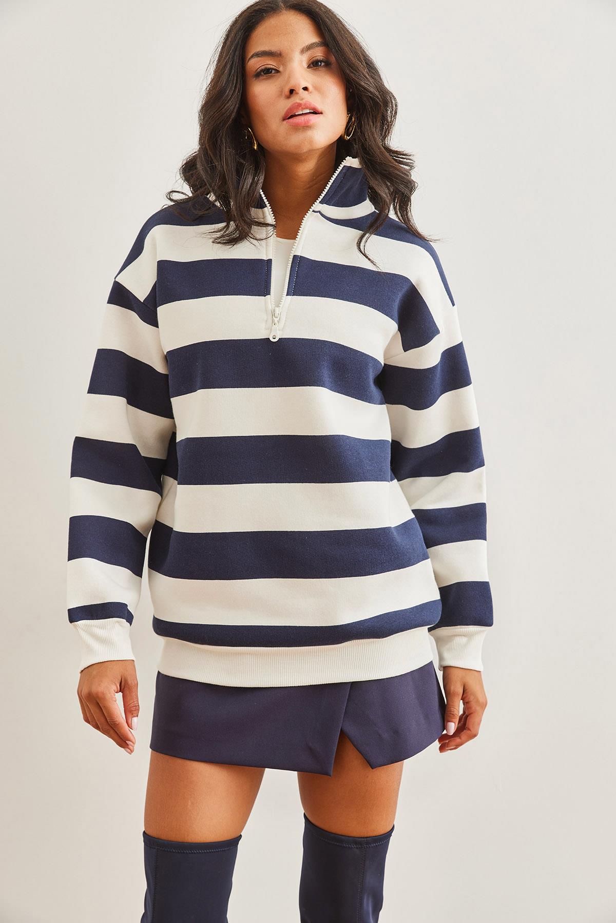 Fermuarlı Dik Yaka Şardonlu Kalın Sweatshirt Çizgili Lacivert