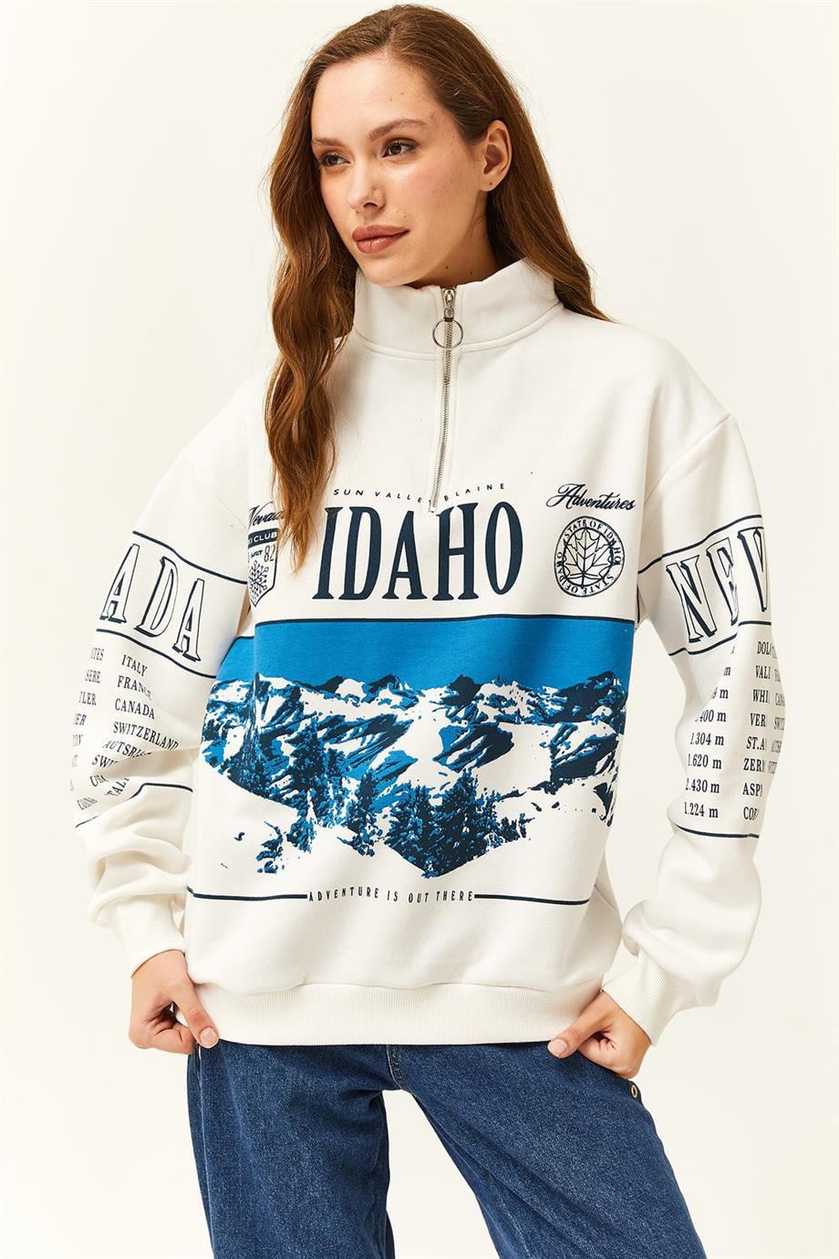 Fermuarlı Dik Yaka Şardonlu Oversize Sweatshirt Ekru