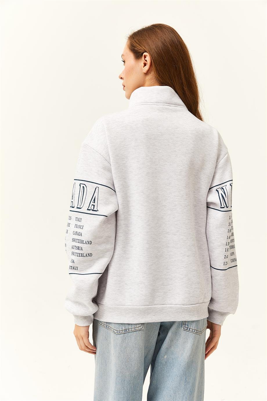 Fermuarlı Dik Yaka Şardonlu Oversize Sweatshirt Gri Melanj