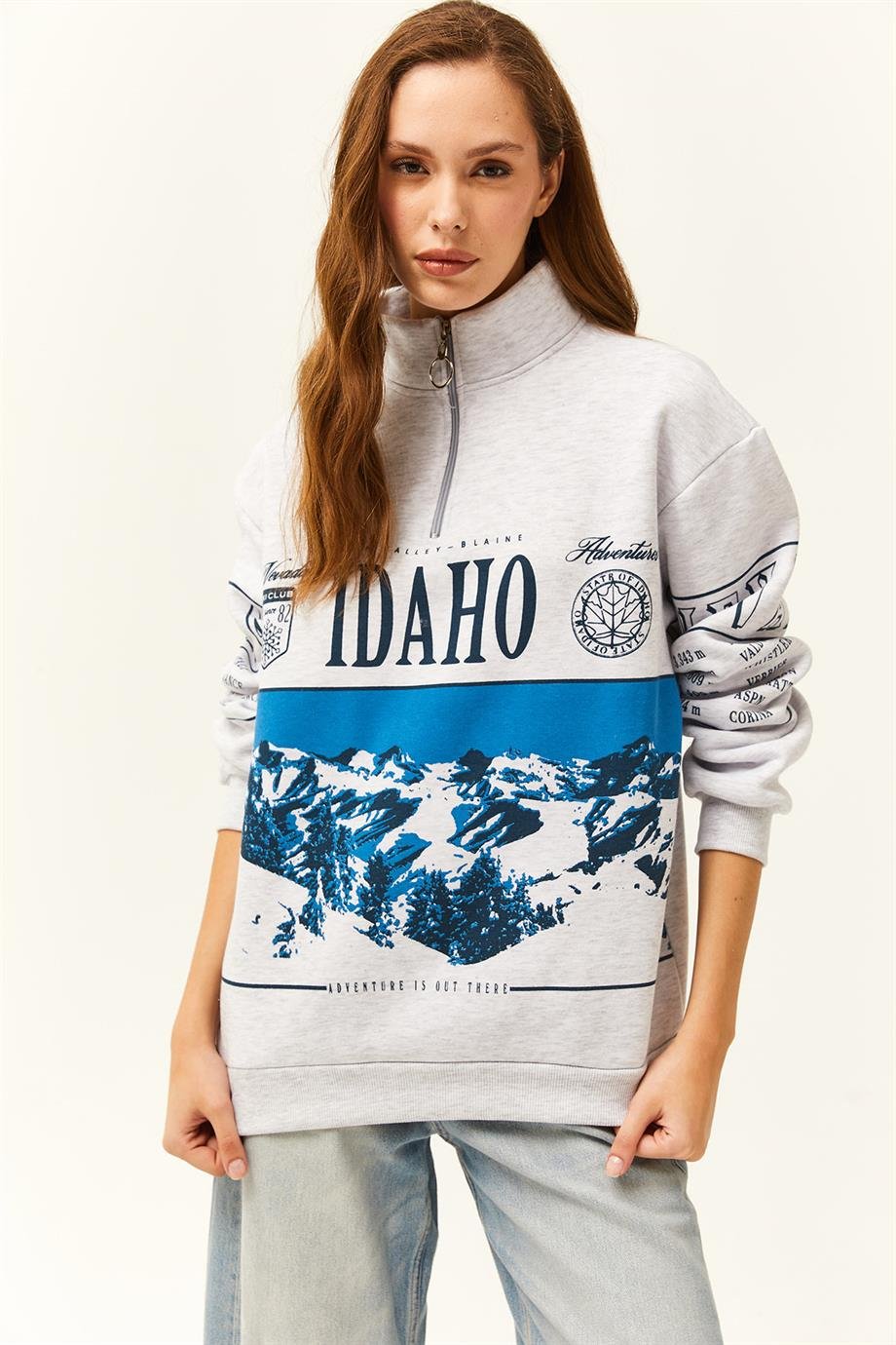 Fermuarlı Dik Yaka Şardonlu Oversize Sweatshirt Gri Melanj
